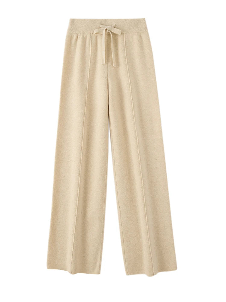 Autumn Winter Women Wide Leg Pants 100% Merino Wool Elastic Waist Straight Trousers Knitted Elegant Draped Loose Fit Trousers