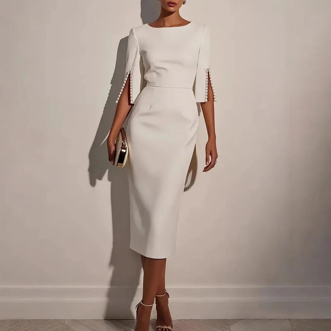 Women's Fashionable Solid Color Office Lady Half Sleeve Nail Bead Dress Women Round Neck Slim and Elegant Dress