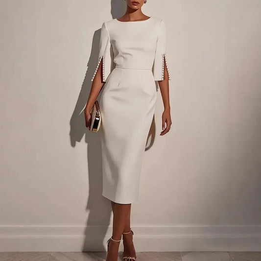 Women's Fashionable Solid Color Office Lady Half Sleeve Nail Bead Dress Women Round Neck Slim and Elegant Dress