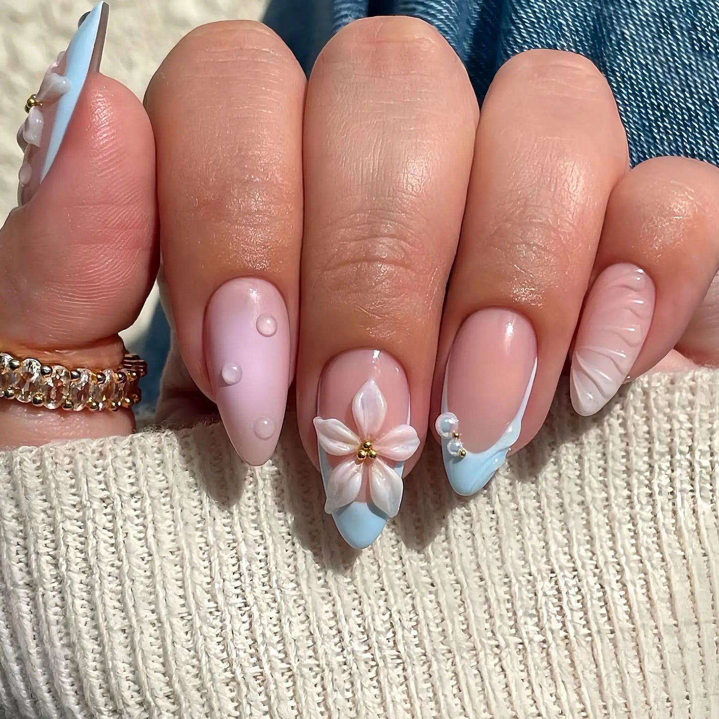 24Pcs Mid-length 3D Flowers Design Fingertips Sweet Butterfly Yellow Ripple Almond False Nails Detachable Full Cover Press Ons