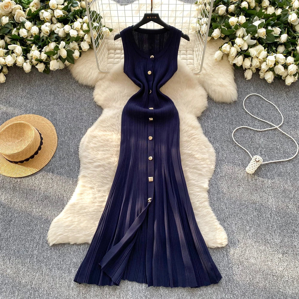 YuooMuoo Brand Fashion Luxury Single-breasted Maxi  Dress Women Sleeveless Wrap Hip Bodycon Summer Dress Elegant Party Vestidos