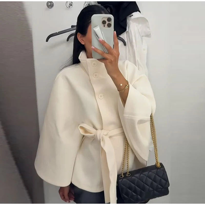 Faux Fur Cloak Jackets Women Loose StandNeck Three Button Wide Sleeves Belt Coats Female 2025 Autumn Solid Chic Fashion Outwears