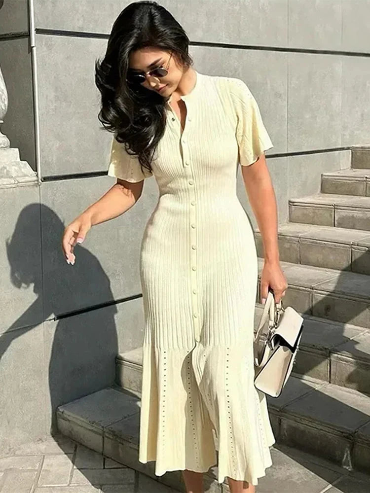 Knit Maxi Dress For Women Elegant Solid O-neck Single Breasted Short Sleeve Long Dresses Female 2025 Summer Fashion Lady Vestido