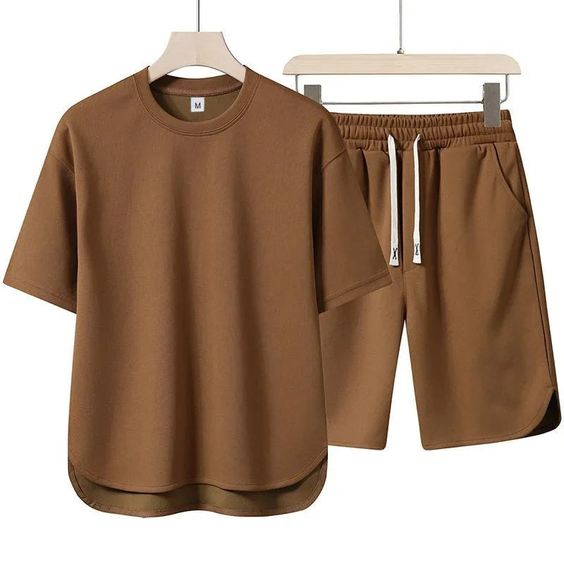 2025 Arc short-sleeved Set: Quality and Fashionable men's short-sleeved casual high-neck set + shorts, 2-piece set, high-quality