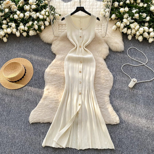 YuooMuoo Brand Fashion Luxury Single-breasted Maxi  Dress Women Sleeveless Wrap Hip Bodycon Summer Dress Elegant Party Vestidos