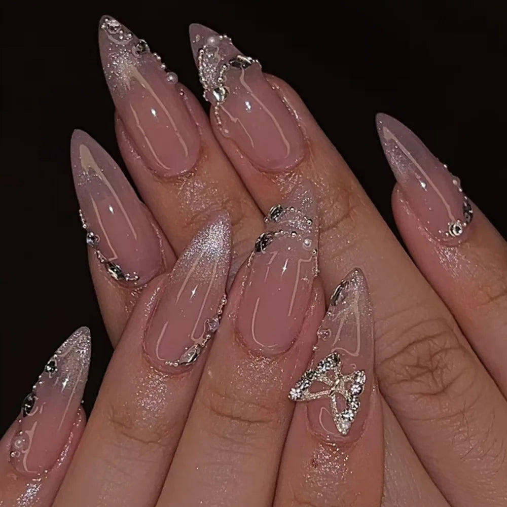 24Pcs Mid-length 3D Flowers Design Fingertips Sweet Butterfly Yellow Ripple Almond False Nails Detachable Full Cover Press Ons