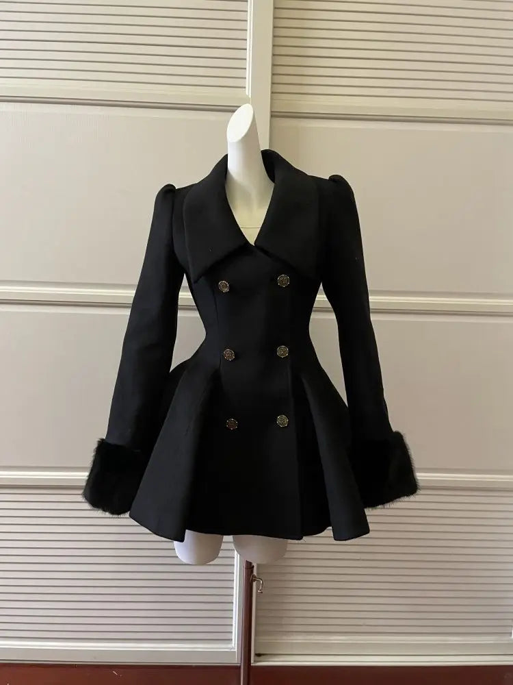 Winter Hepburn Black Fur Collar Woolen Coat French Style Vintage Blends Slim Mid-length Outwear Elegant Lolita Warm Outfits 2025