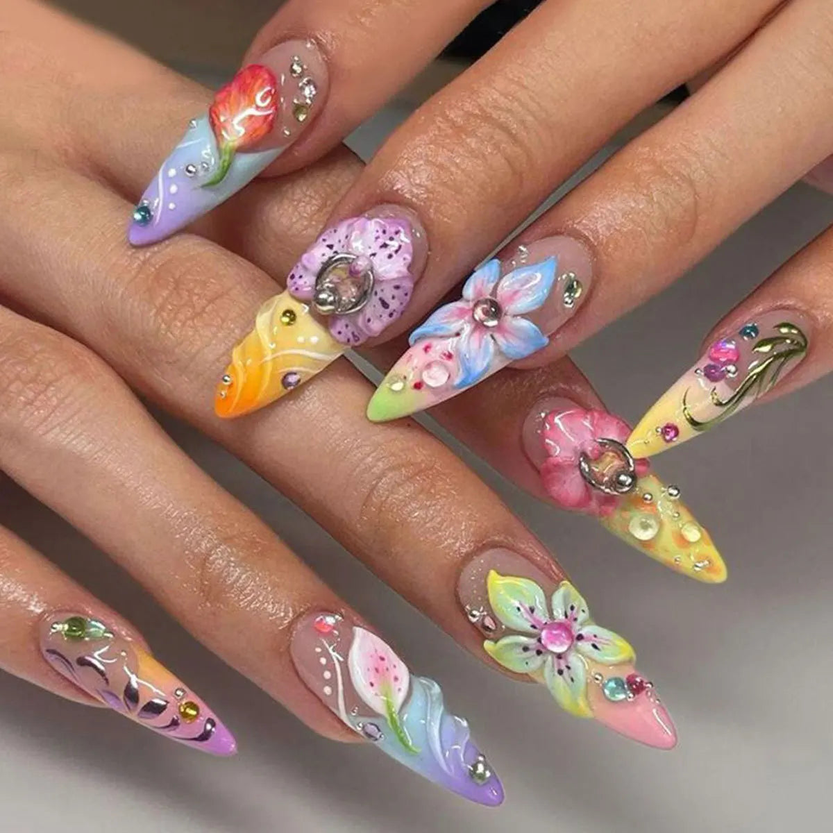 24Pcs Mid-length 3D Flowers Design Fingertips Sweet Butterfly Yellow Ripple Almond False Nails Detachable Full Cover Press Ons