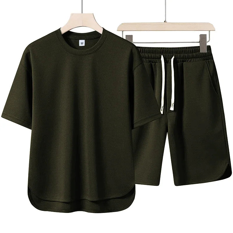 2025 Arc short-sleeved Set: Quality and Fashionable men's short-sleeved casual high-neck set + shorts, 2-piece set, high-quality