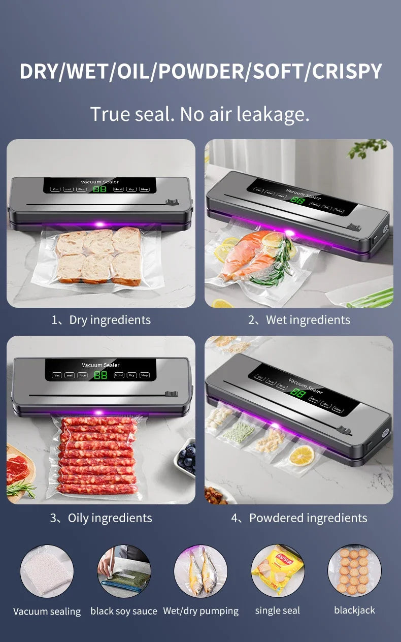 Electric Vacuum Sealer Dry/Wet Food Sealed Packaging Kitchen Food Storage Seal Built-in Cutter Knife