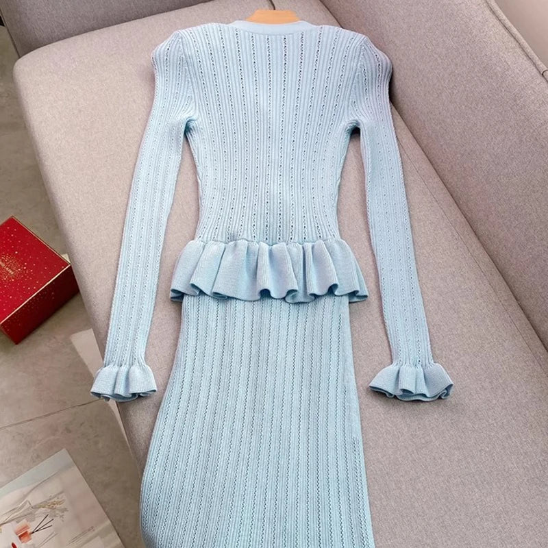 YuooMuoo Brand Fashion One-piece Knitted Maxi Dress Women Elegant V-neck Ruffled Slim Waist Bodycon Sweater Dress Party Vestido
