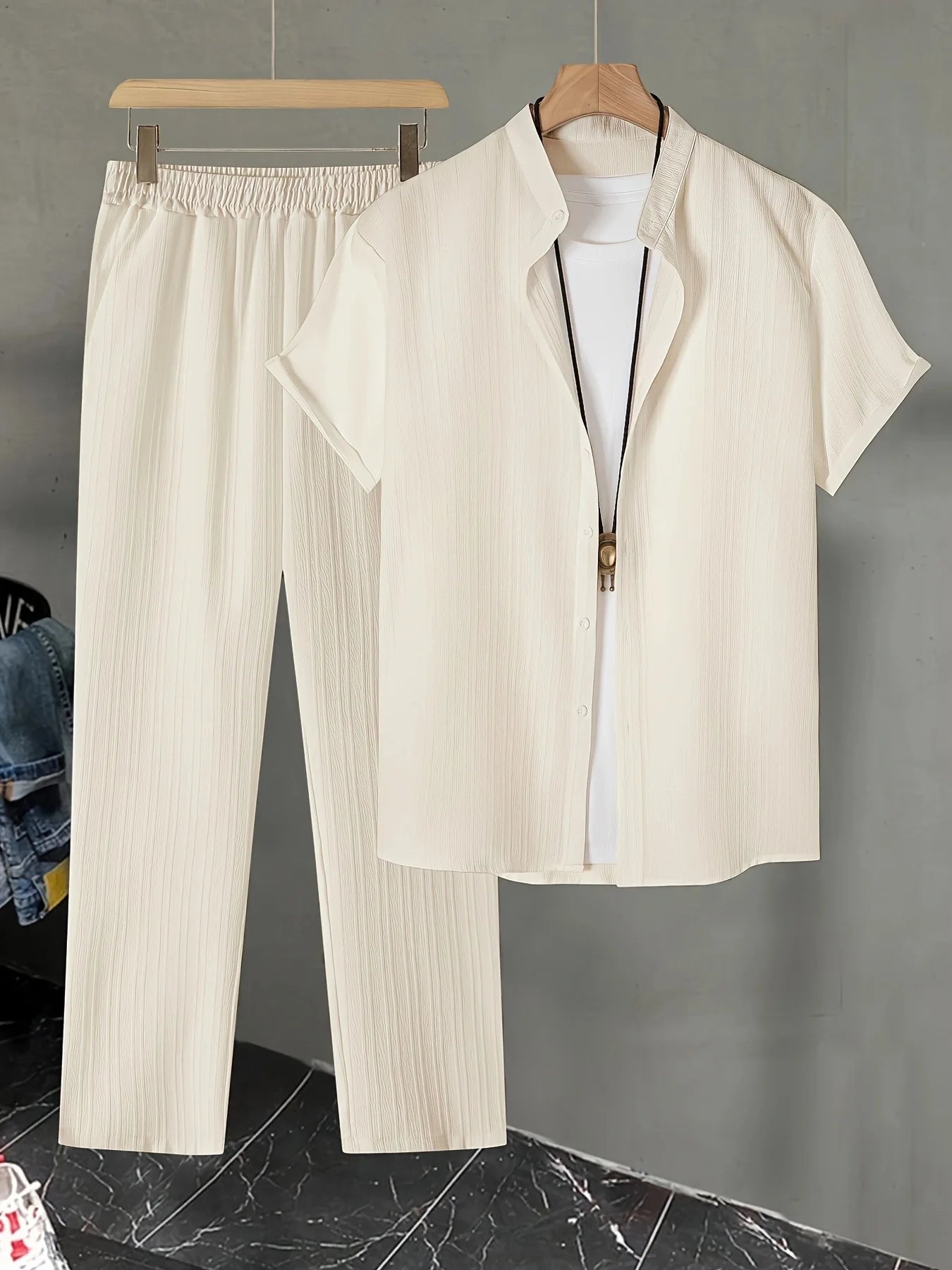 Men's Two Pieces Casual Outfit Loungewear Solid Color Textured Short Sleeve Button Down Shirt and Long Drawstring Pants