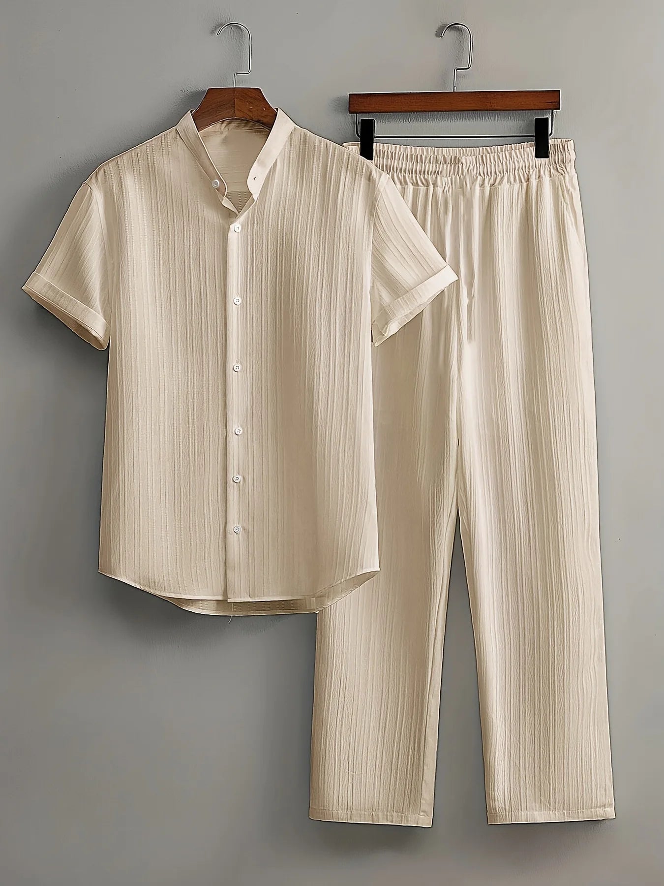 Men's Two Pieces Casual Outfit Loungewear Solid Color Textured Short Sleeve Button Down Shirt and Long Drawstring Pants