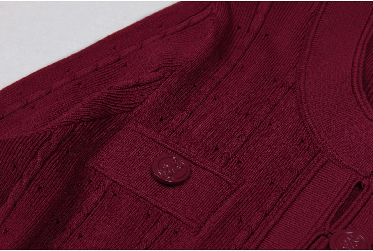 Three Color High-quality New Fashionable Elastic Knitted Hollow Round Neck Single Breasted Short Sleeved Slim Fit Women's Dress