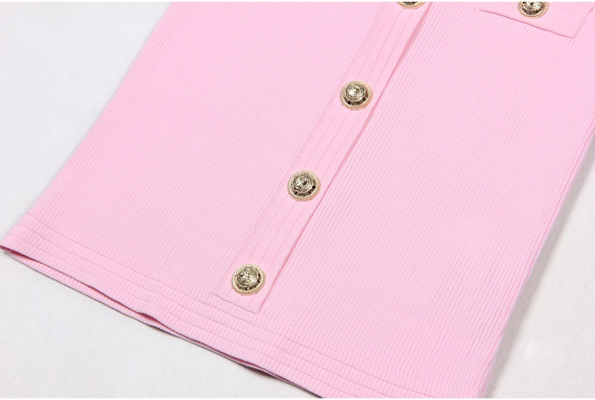 2025 Spring/Summer New Fashion Knitted Elastic Short Sleeve Solid Color Gold Button Slimming Style Commuter Women's Dress