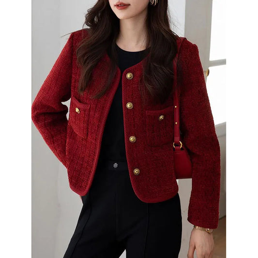 Lucyever Wine Red Tweed Coats Female 2025 Autumn Winter New Fashion Temperament Short Jacket Korean All-Match O-Neck Outerwear