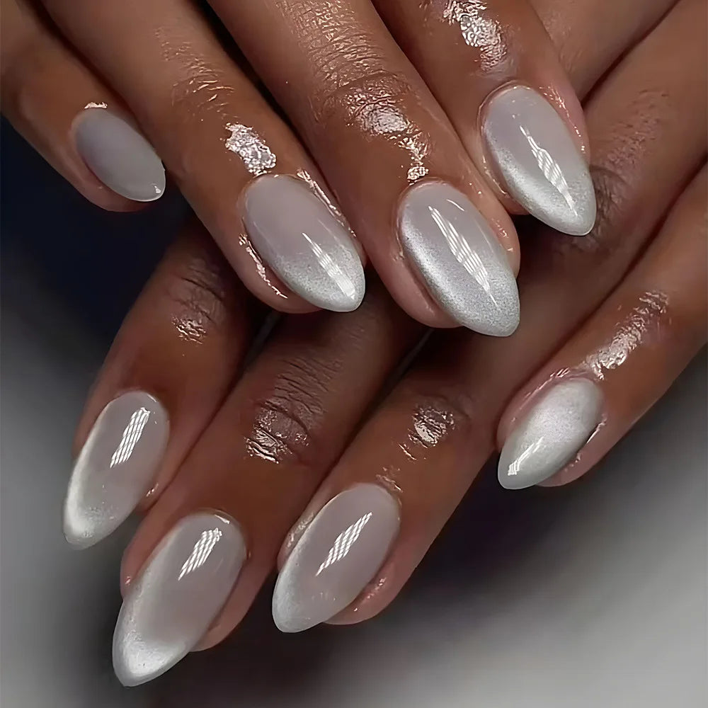 24pcs Blush Cat's Eye Press On Nails Flash Gold Powder French Style Short Almond False Nails Sweet Korean Summer Fake Nail Tips