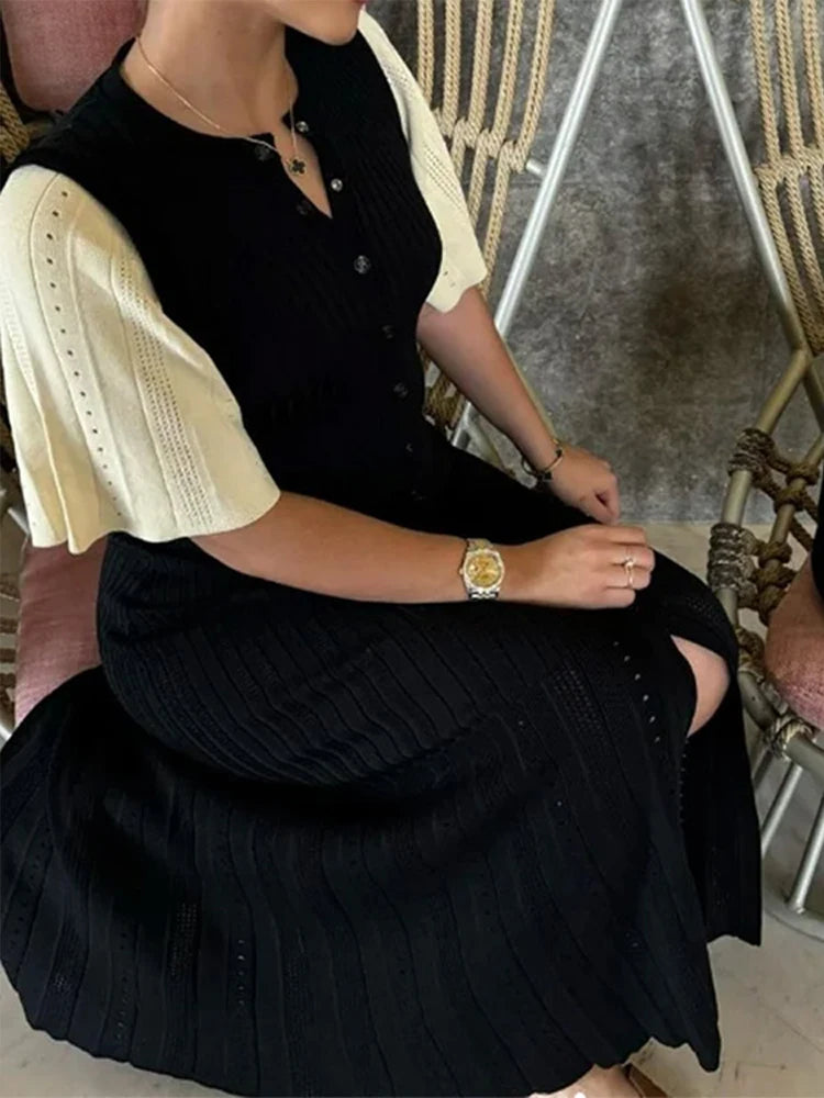 Knit Maxi Dress For Women Elegant Solid O-neck Single Breasted Short Sleeve Long Dresses Female 2025 Summer Fashion Lady Vestido