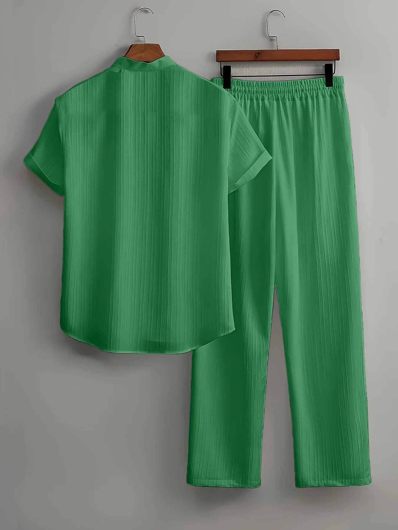 Men's Two Pieces Casual Outfit Loungewear Solid Color Textured Short Sleeve Button Down Shirt and Long Drawstring Pants