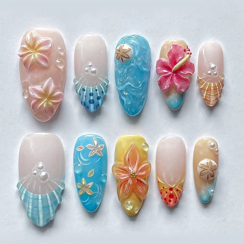 24Pcs Mid-length 3D Flowers Design Fingertips Sweet Butterfly Yellow Ripple Almond False Nails Detachable Full Cover Press Ons