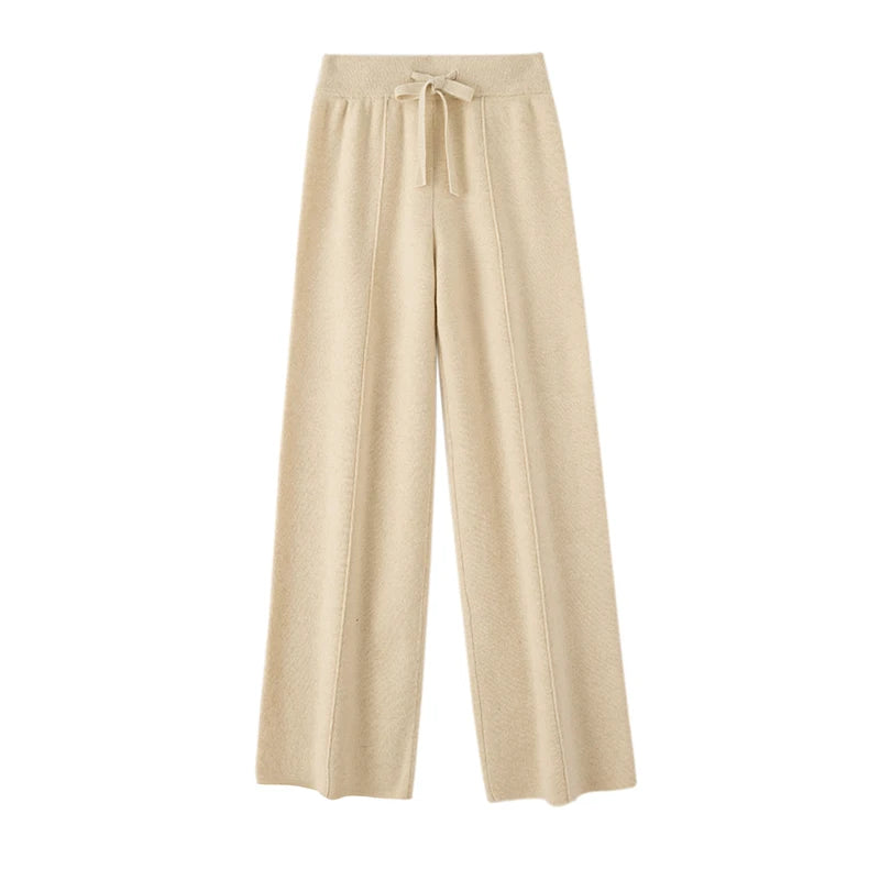Autumn Winter Women Wide Leg Pants 100% Merino Wool Elastic Waist Straight Trousers Knitted Elegant Draped Loose Fit Trousers