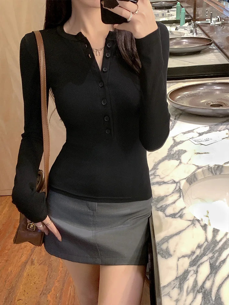 Solid Single Breasted Long Sleeve T-shirt Women Slim Fit Long Sleeve Tops 2025 Autumn Fashion Casual Basic T-shirt