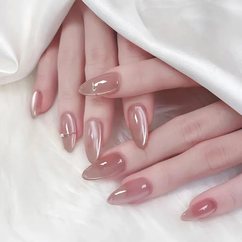 24Pcs Mid-length Almond Ballet False Nails Simple Cat Eye Design Press on Fake Nail Wearable Full Cover Nail Tips Manicure Tools
