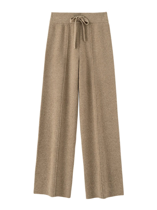 Autumn Winter Women Wide Leg Pants 100% Merino Wool Elastic Waist Straight Trousers Knitted Elegant Draped Loose Fit Trousers