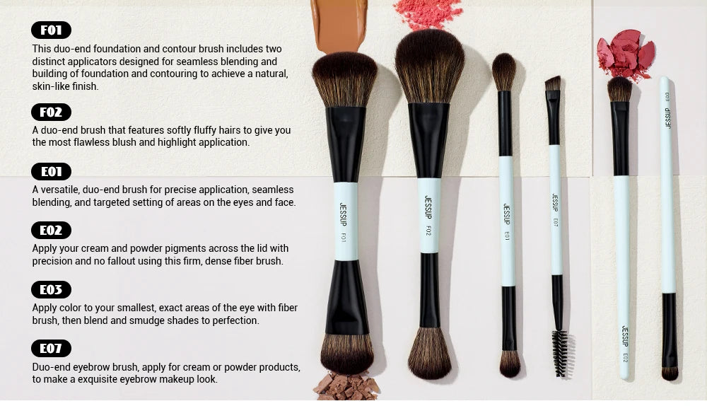 Jessup Makeup Brush Set Double Sided Makeup Brushes Foundation Contour Blush Blending Eyebrow Shadow,Fiber Bright Cyan T501