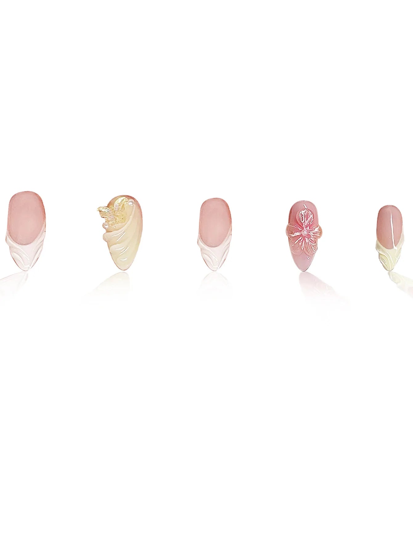 24Pcs Mid-length 3D Flowers Design Fingertips Sweet Butterfly Yellow Ripple Almond False Nails Detachable Full Cover Press Ons