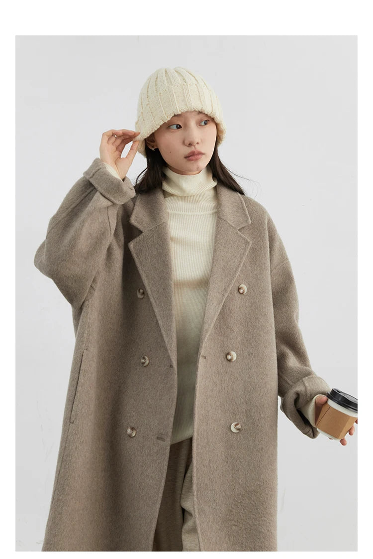 CHIC VEN Women Woolen Coat Double-breasted Basic Loose Casual Retro New Long Double-sided Female Overcoat Autumn Winter 2024