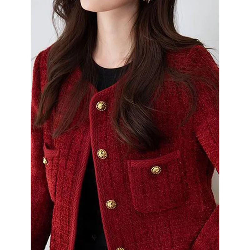 Lucyever Wine Red Tweed Coats Female 2025 Autumn Winter New Fashion Temperament Short Jacket Korean All-Match O-Neck Outerwear