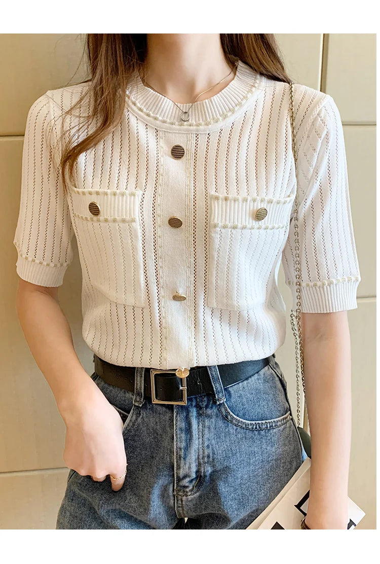 White Tshirt Women Summer 2024 Short Sleeve Top Ladies Pockets Basic T Shirts Knitted Casual Clothes Tee Shirt Femme