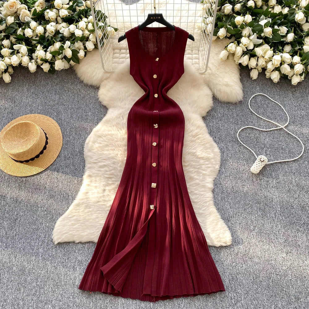 YuooMuoo Brand Fashion Luxury Single-breasted Maxi  Dress Women Sleeveless Wrap Hip Bodycon Summer Dress Elegant Party Vestidos