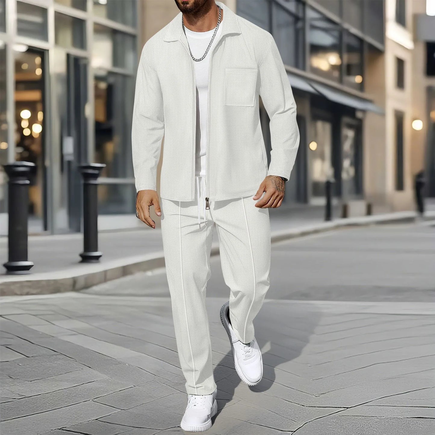 Men's autumn and winter waffle-pattern solid color zipped front pocket lapel fitted cardigan jacket set