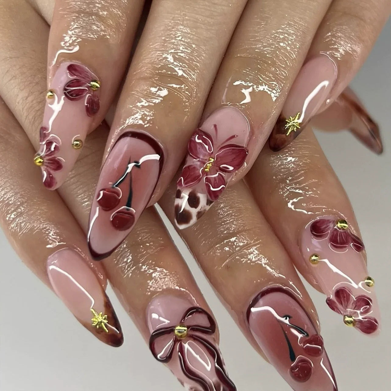 24Pcs Mid-length 3D Flowers Design Fingertips Sweet Butterfly Yellow Ripple Almond False Nails Detachable Full Cover Press Ons
