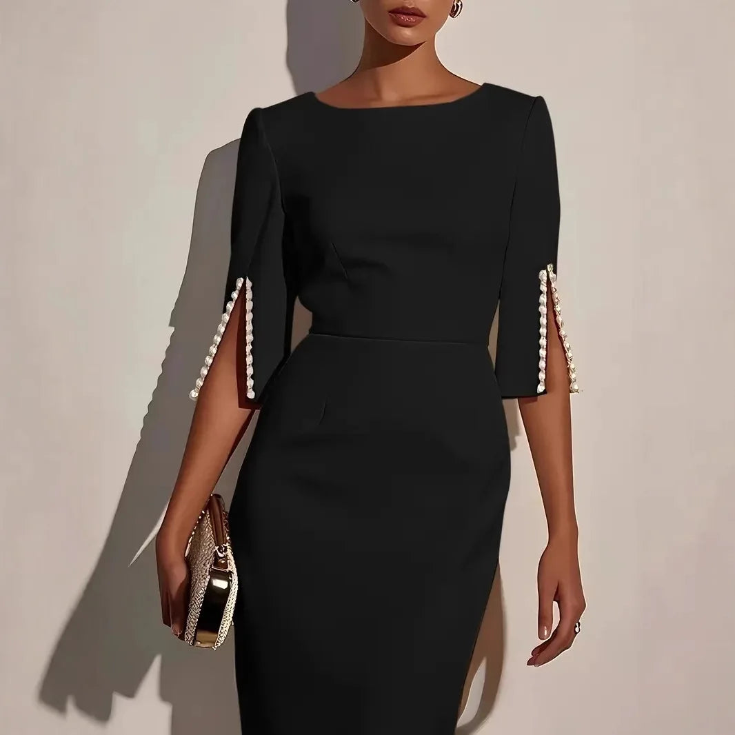 Women's Fashionable Solid Color Office Lady Half Sleeve Nail Bead Dress Women Round Neck Slim and Elegant Dress
