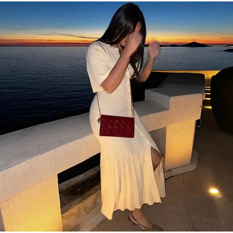 Knit Maxi Dress For Women Elegant Solid O-neck Single Breasted Short Sleeve Long Dresses Female 2025 Summer Fashion Lady Vestido