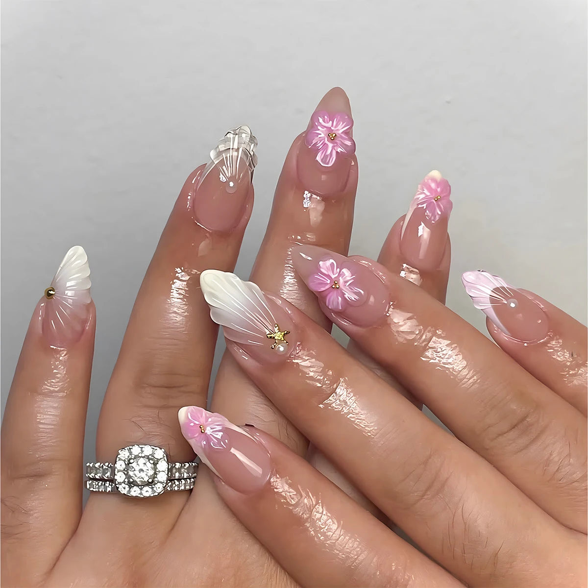 24Pcs Mid-length 3D Flowers Design Fingertips Sweet Butterfly Yellow Ripple Almond False Nails Detachable Full Cover Press Ons