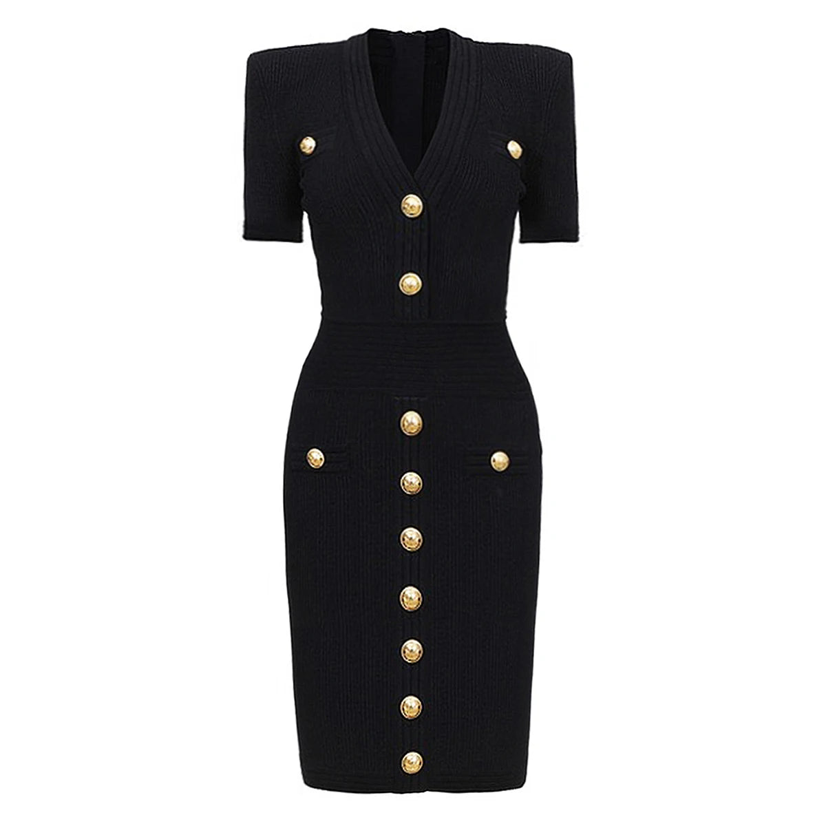 2025 Spring/Summer New Fashion Knitted Elastic Short Sleeve Solid Color Gold Button Slimming Style Commuter Women's Dress