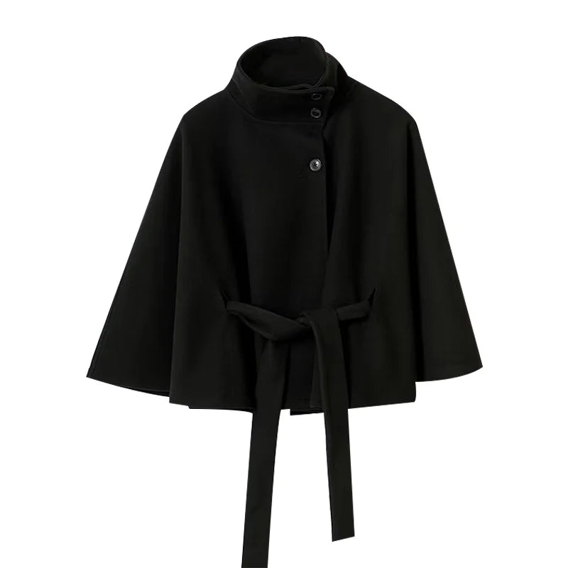 Faux Fur Cloak Jackets Women Loose StandNeck Three Button Wide Sleeves Belt Coats Female 2025 Autumn Solid Chic Fashion Outwears