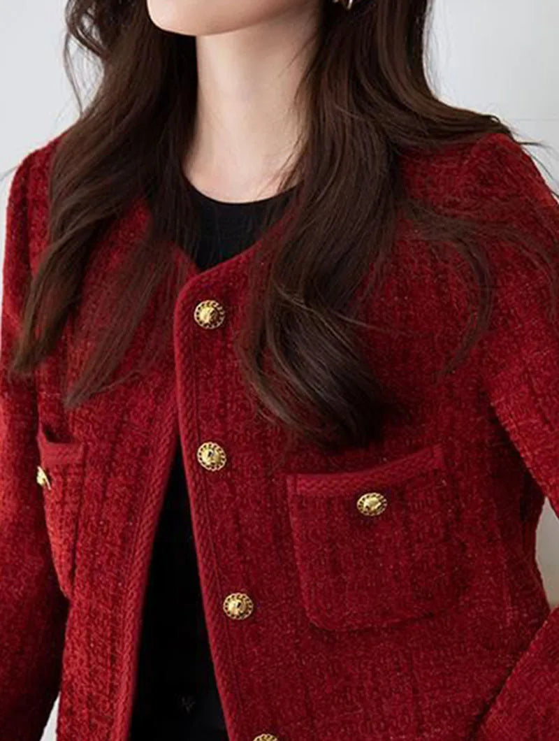 Lucyever Wine Red Tweed Coats Female 2025 Autumn Winter New Fashion Temperament Short Jacket Korean All-Match O-Neck Outerwear