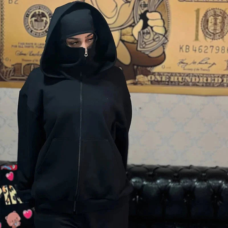 Men and women Balaclava Y2K Gothic Harajuku winter new item double hooded sweatshirt men's hooded mask zipper sportswear
