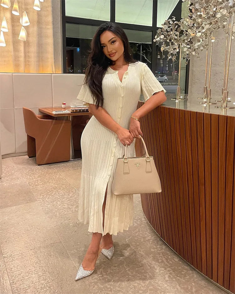 Elegant Knitted Single Breasted Midi Dress Women's Patchwork Dresses Female 2025 Summer Robe New Black Beige Robes Evening Party