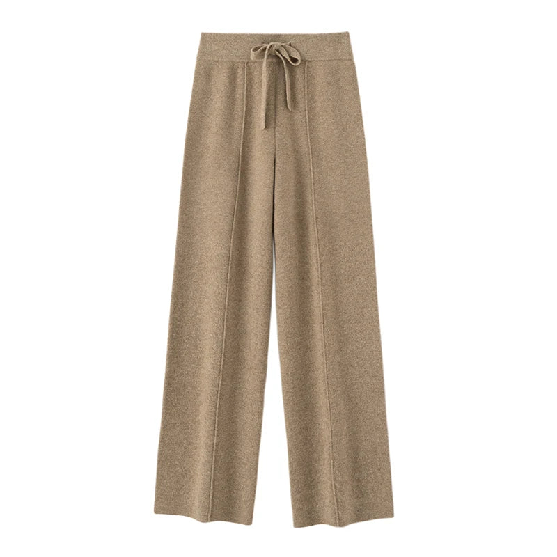 Autumn Winter Women Wide Leg Pants 100% Merino Wool Elastic Waist Straight Trousers Knitted Elegant Draped Loose Fit Trousers