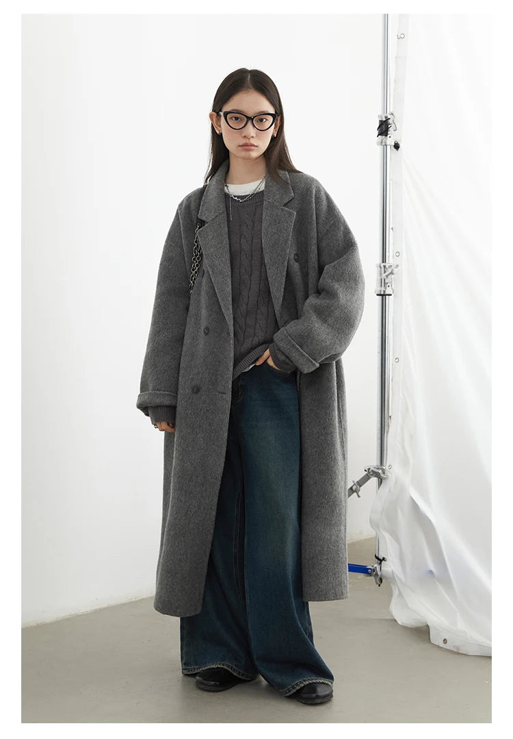 CHIC VEN Women Woolen Coat Double-breasted Basic Loose Casual Retro New Long Double-sided Female Overcoat Autumn Winter 2024