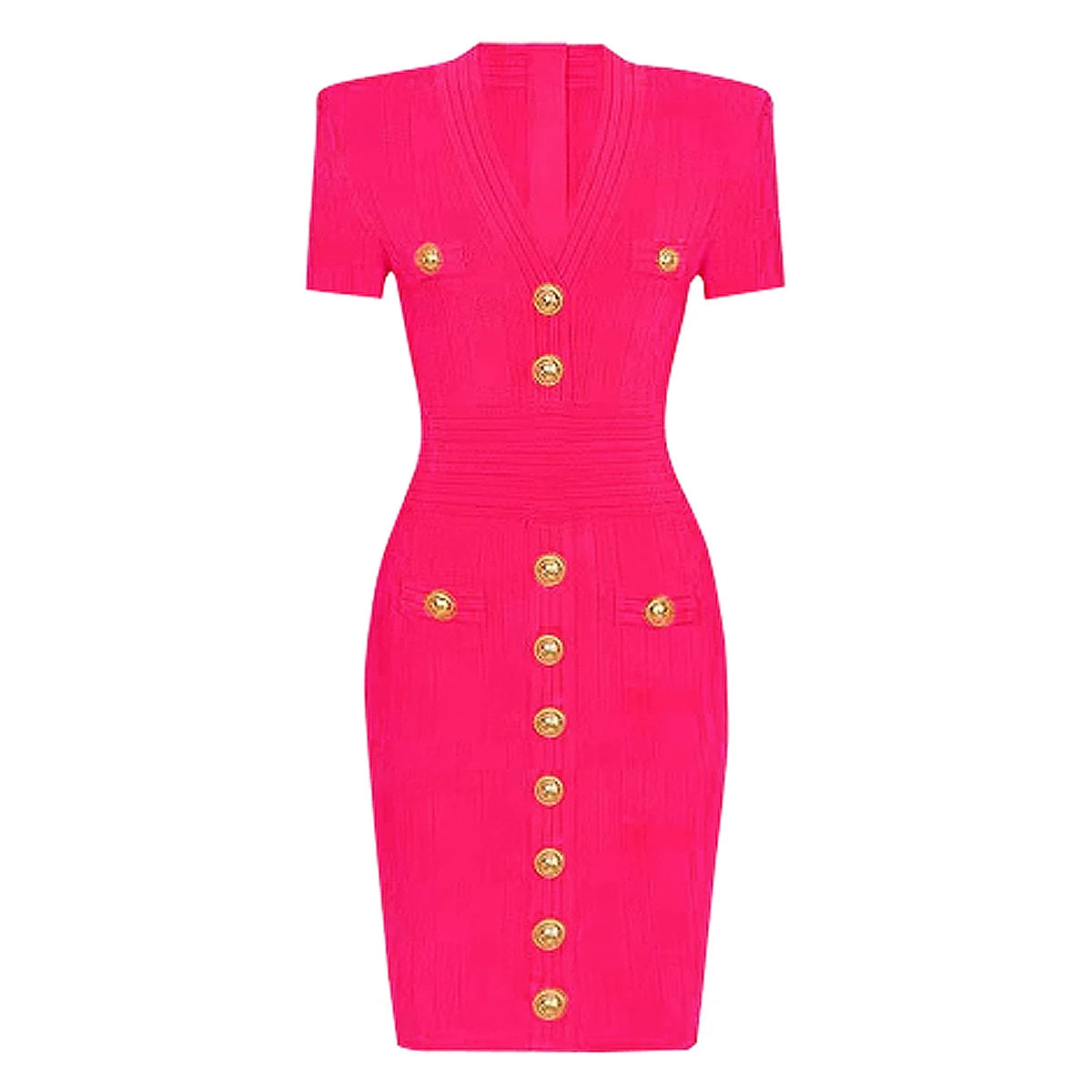 2025 Spring/Summer New Fashion Knitted Elastic Short Sleeve Solid Color Gold Button Slimming Style Commuter Women's Dress