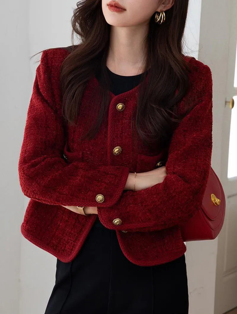 Lucyever Wine Red Tweed Coats Female 2025 Autumn Winter New Fashion Temperament Short Jacket Korean All-Match O-Neck Outerwear