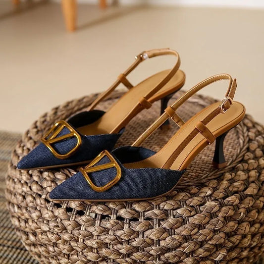 Baotou sandals female summer new 7cm fine with fashion sexy pointed head not tired feet outside wear denim high heels
