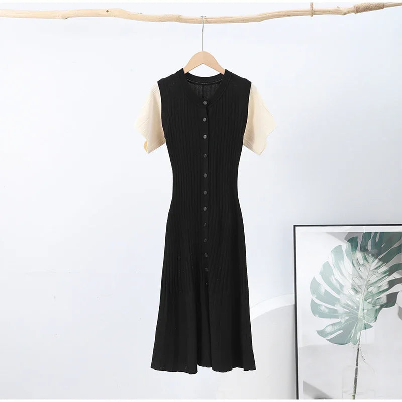 Knit Maxi Dress For Women Elegant Solid O-neck Single Breasted Short Sleeve Long Dresses Female 2025 Summer Fashion Lady Vestido